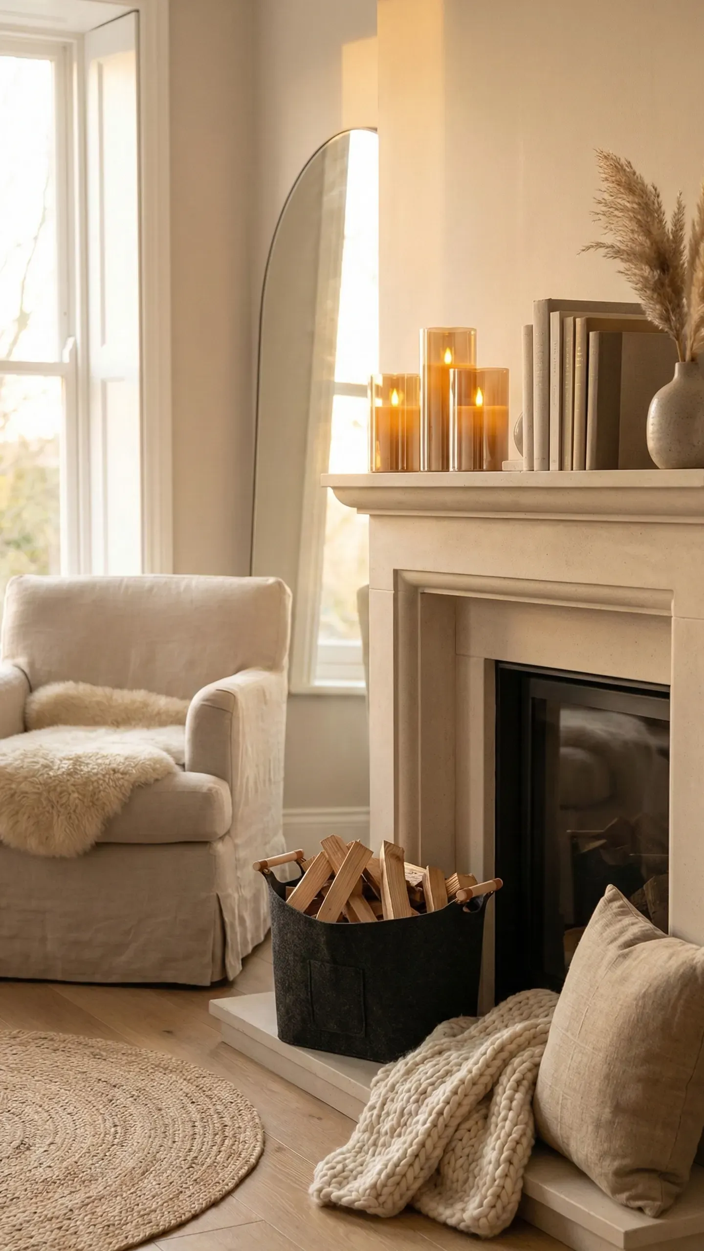 Calm living room with a clear stone fireplace, a fiddle-leaf fig, a low sofa and generous empty space in soft daylight