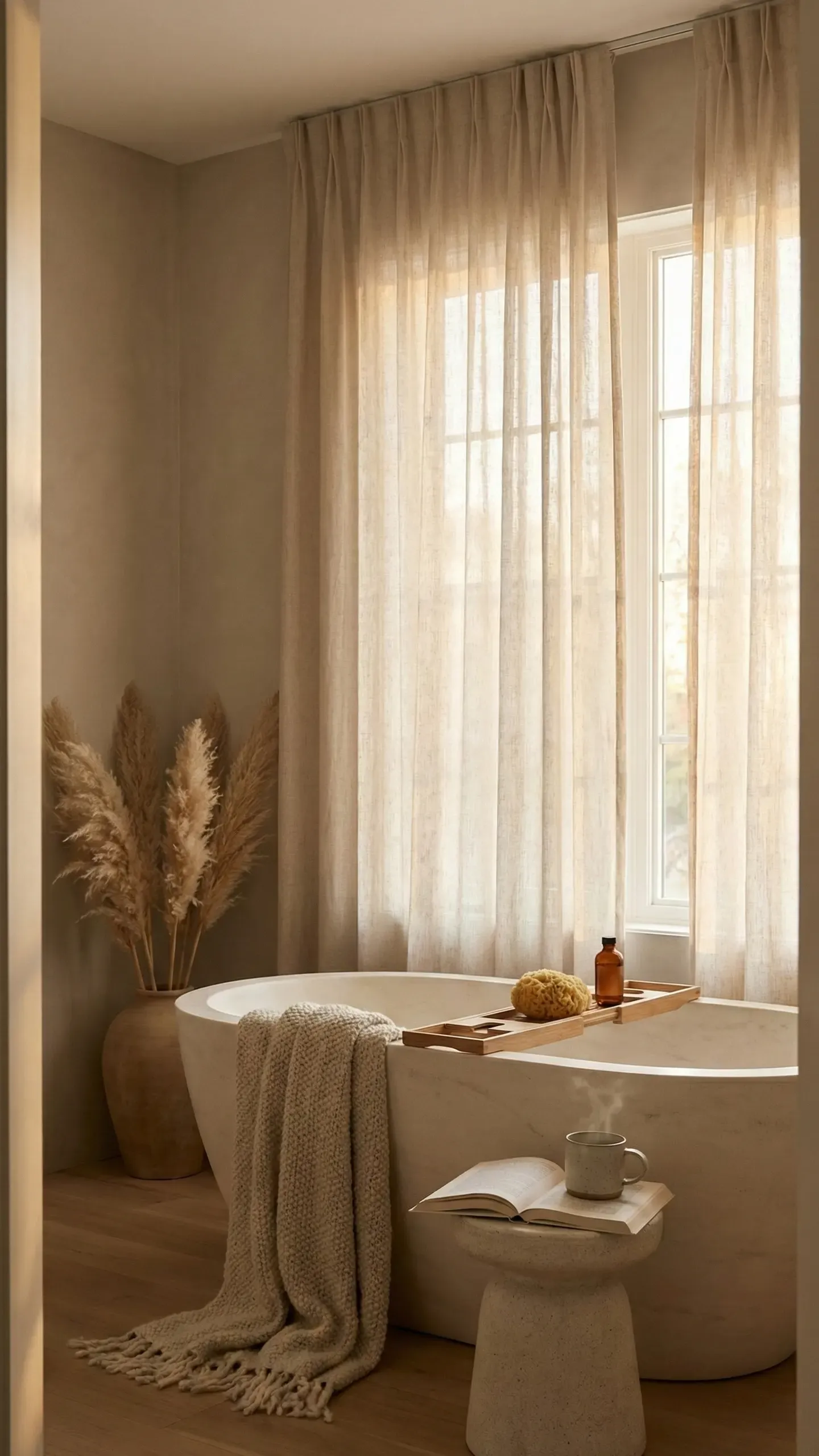 Calm Scandinavian bathroom with a freestanding tub, sheer linen curtains, a wooden bath board, pampas grass and a ceramic stool in warm light
