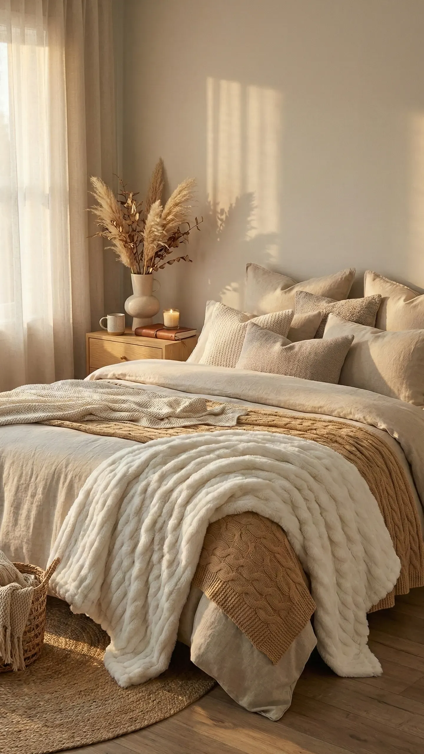 Serene Scandinavian bedroom with a layered linen and chunky-knit bed, pampas grass on an oak nightstand and a round jute rug in warm golden light