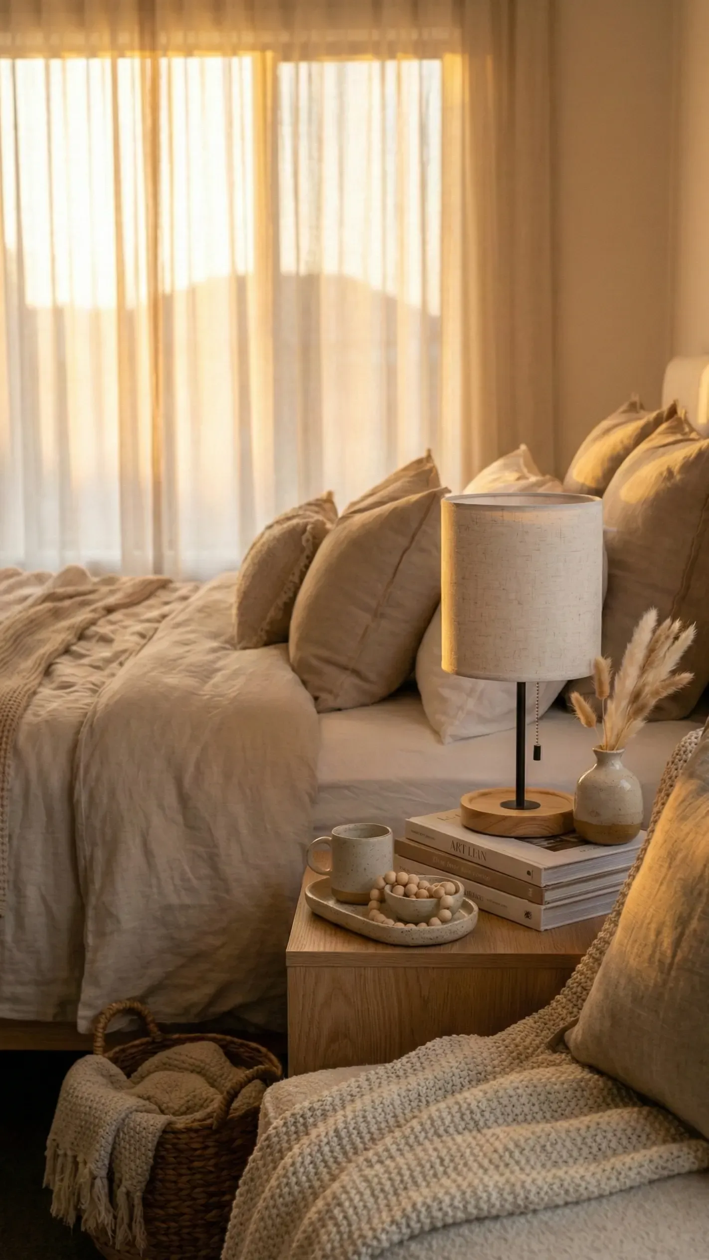 A bedroom in the evening lit only by a warm bedside lamp, casting a soft golden glow over layered linen bedding and a wooden nightstand