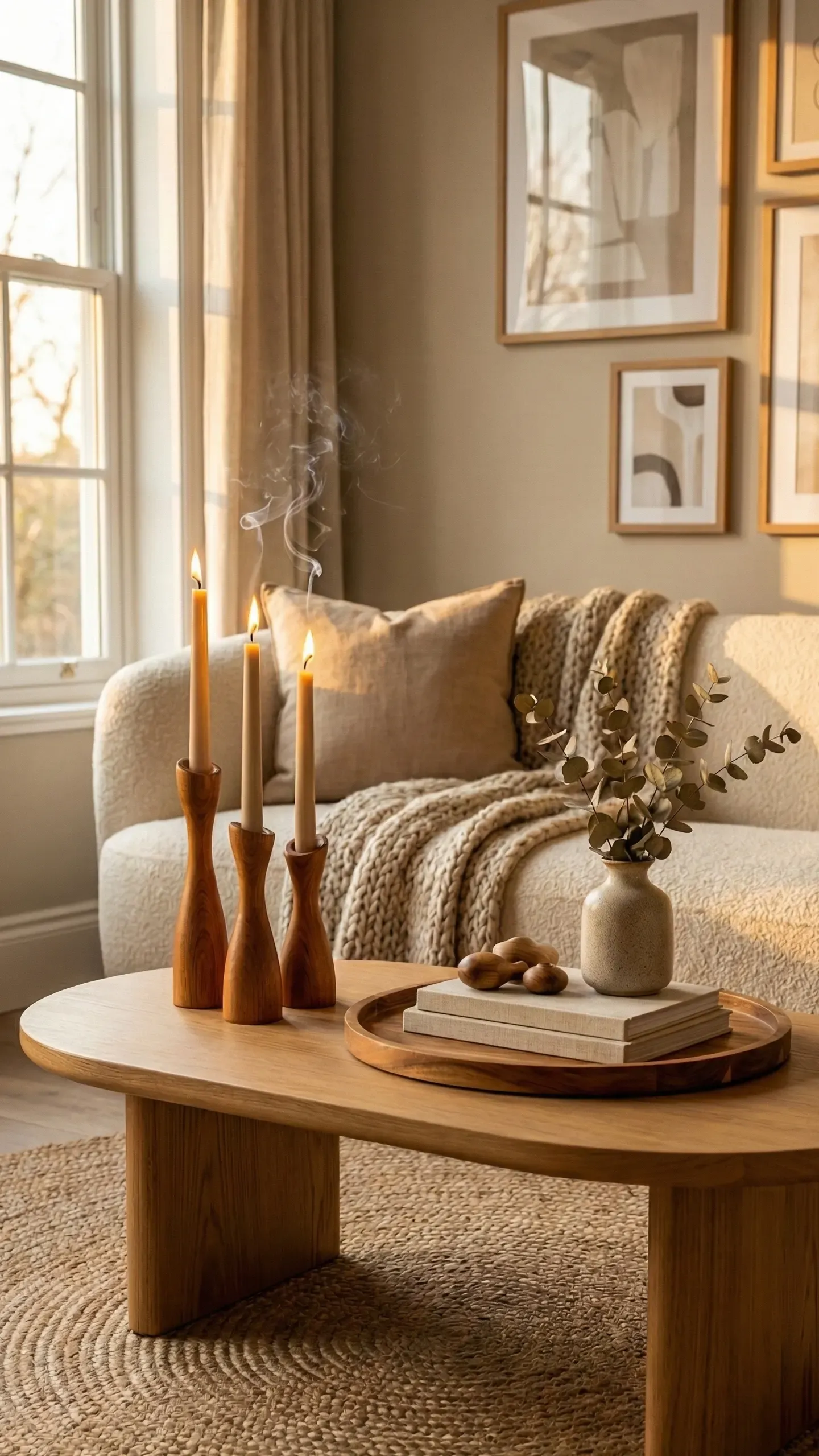 Tall wooden candlesticks with lit candles grouped on a round wood coffee table in front of a bouclé sofa