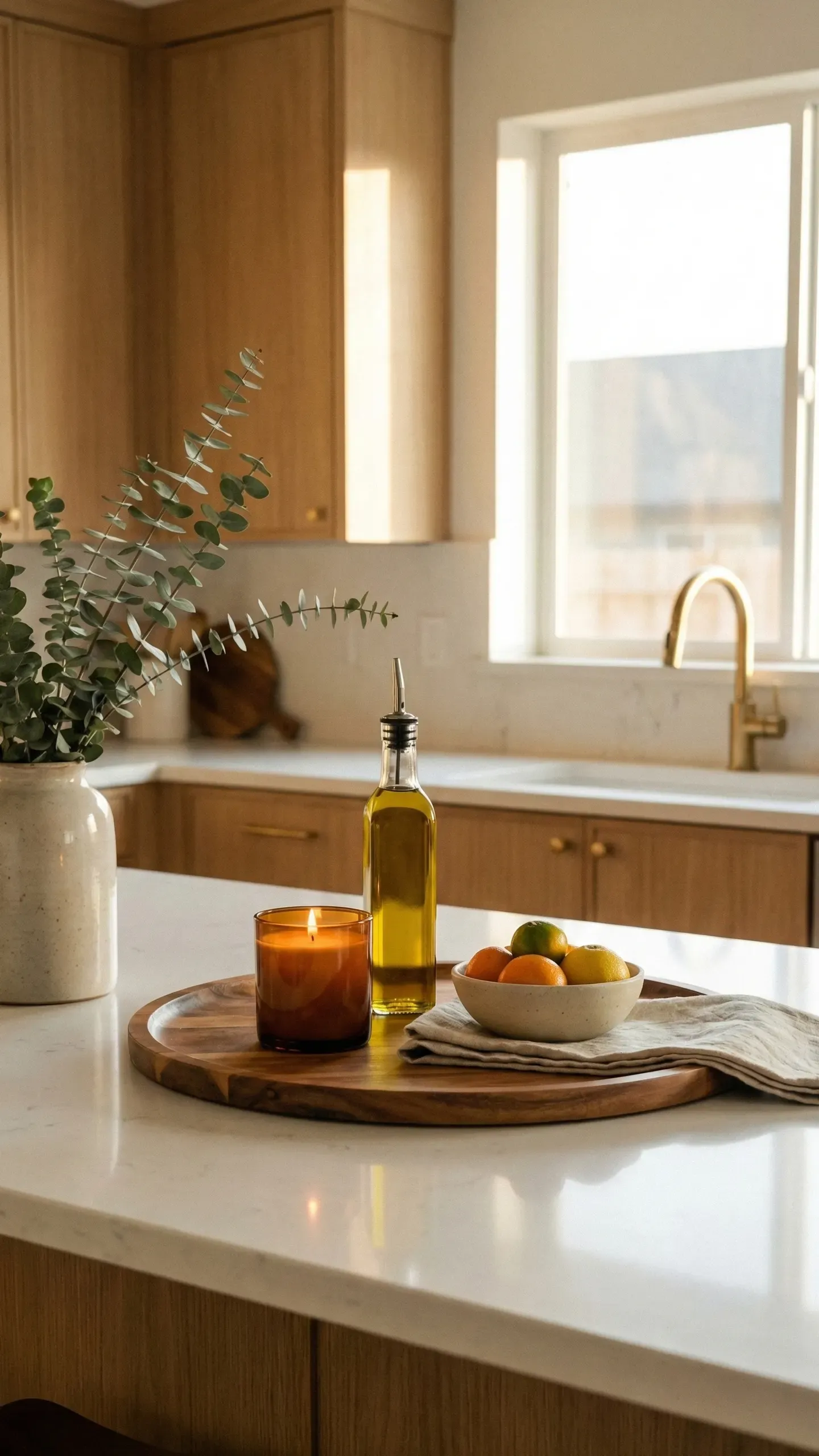 Clear kitchen island with a single styled vignette — a wooden tray holding an amber candle, a bottle of olive oil and a small bowl of fruit