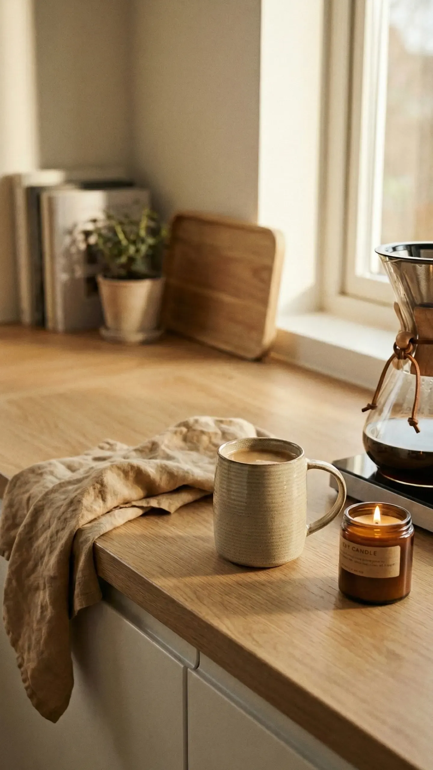 Quiet coffee corner on a warm wood counter — a glass pour-over carafe, a ceramic mug of coffee, a lit candle and a linen towel by the window