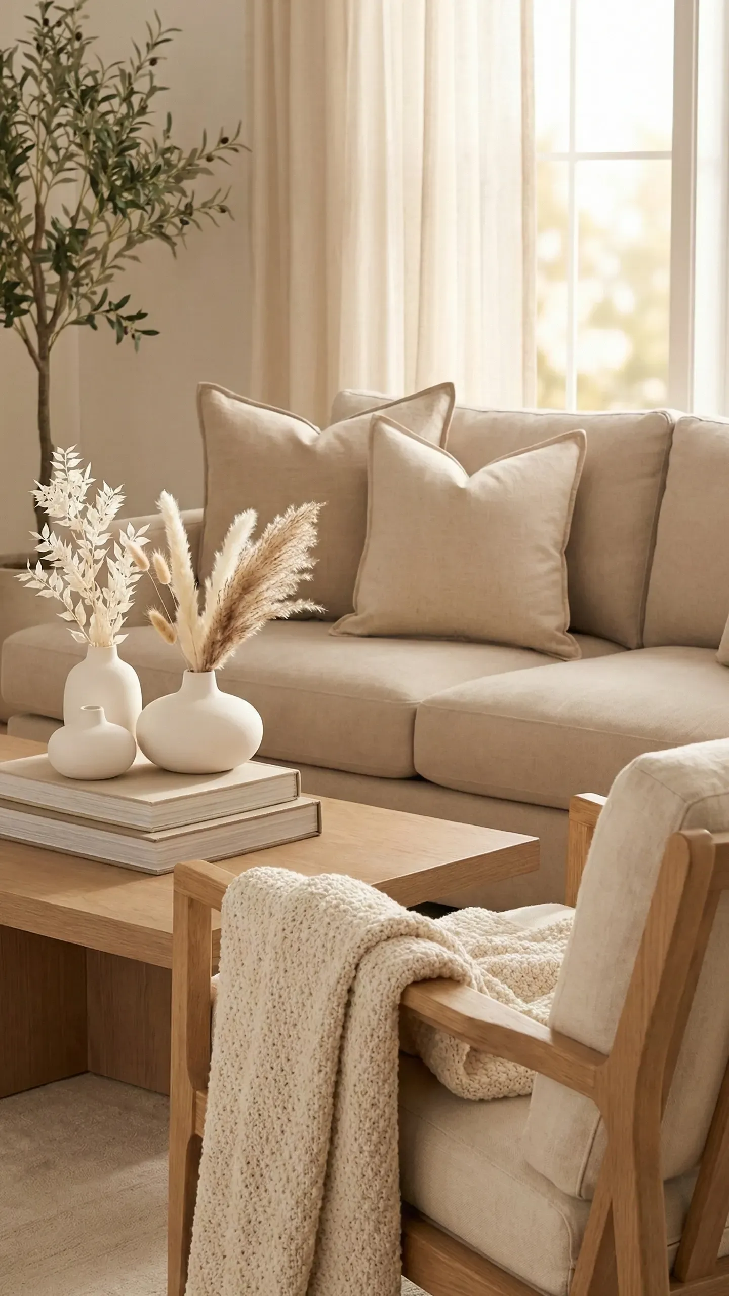 Cream sofa with layered cushions in soft morning light