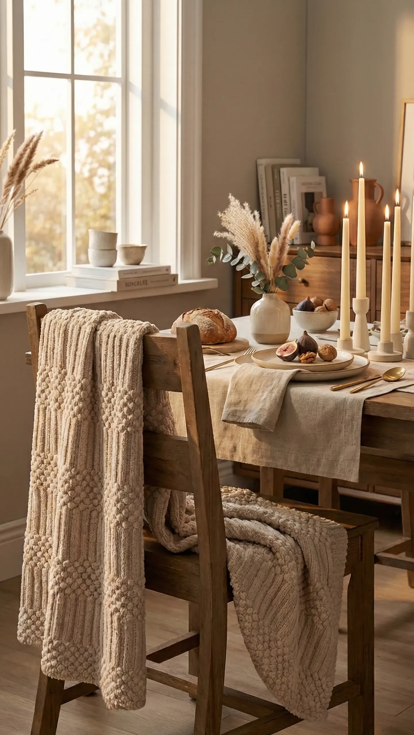 A dining table laid for dinner with lit taper candles in varying heights, bread, figs and pampas in a ceramic vase, in soft evening light