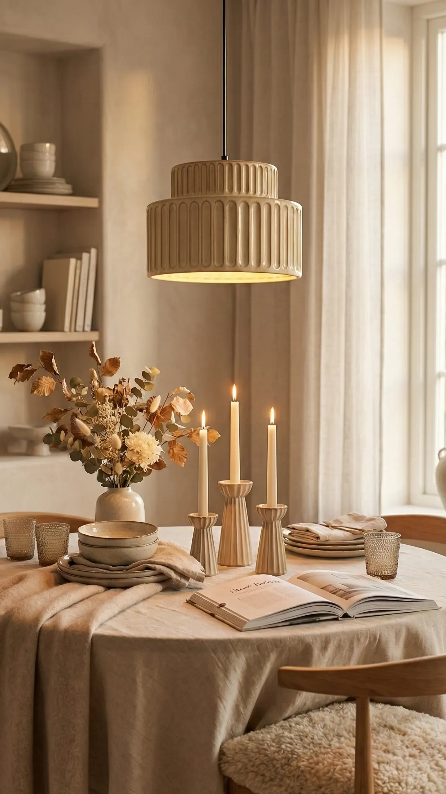A fluted ceramic pendant hanging low over a round dining table set with taper candles, dried flowers and ceramic place settings