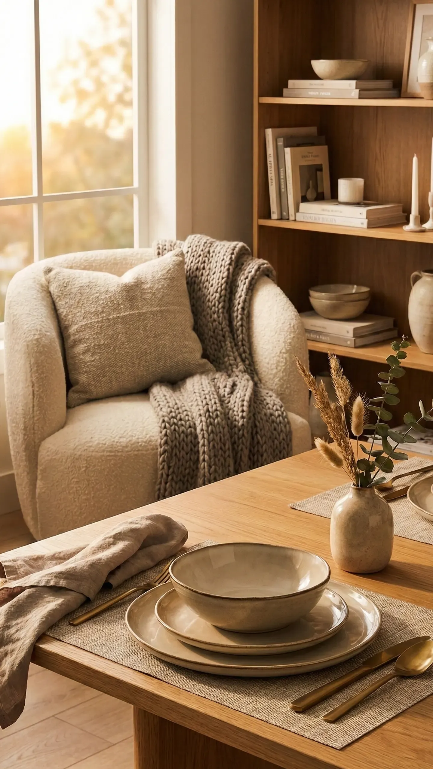 A close-up dining place setting on an oak table — stacked ceramic plates, a linen napkin, gold cutlery and a small bud vase of wheat