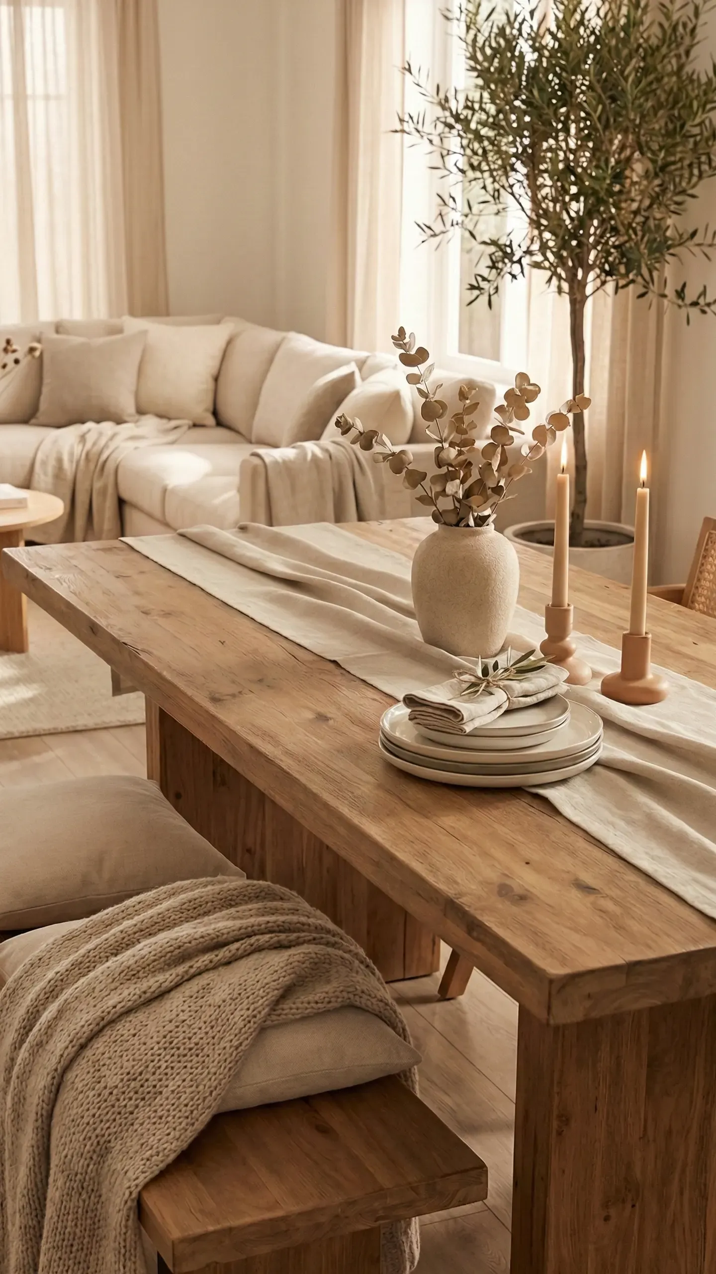 Warm Scandinavian dining room with a rustic oak table, linen runner, ceramic vase of eucalyptus, lit taper candles and an olive tree by the window