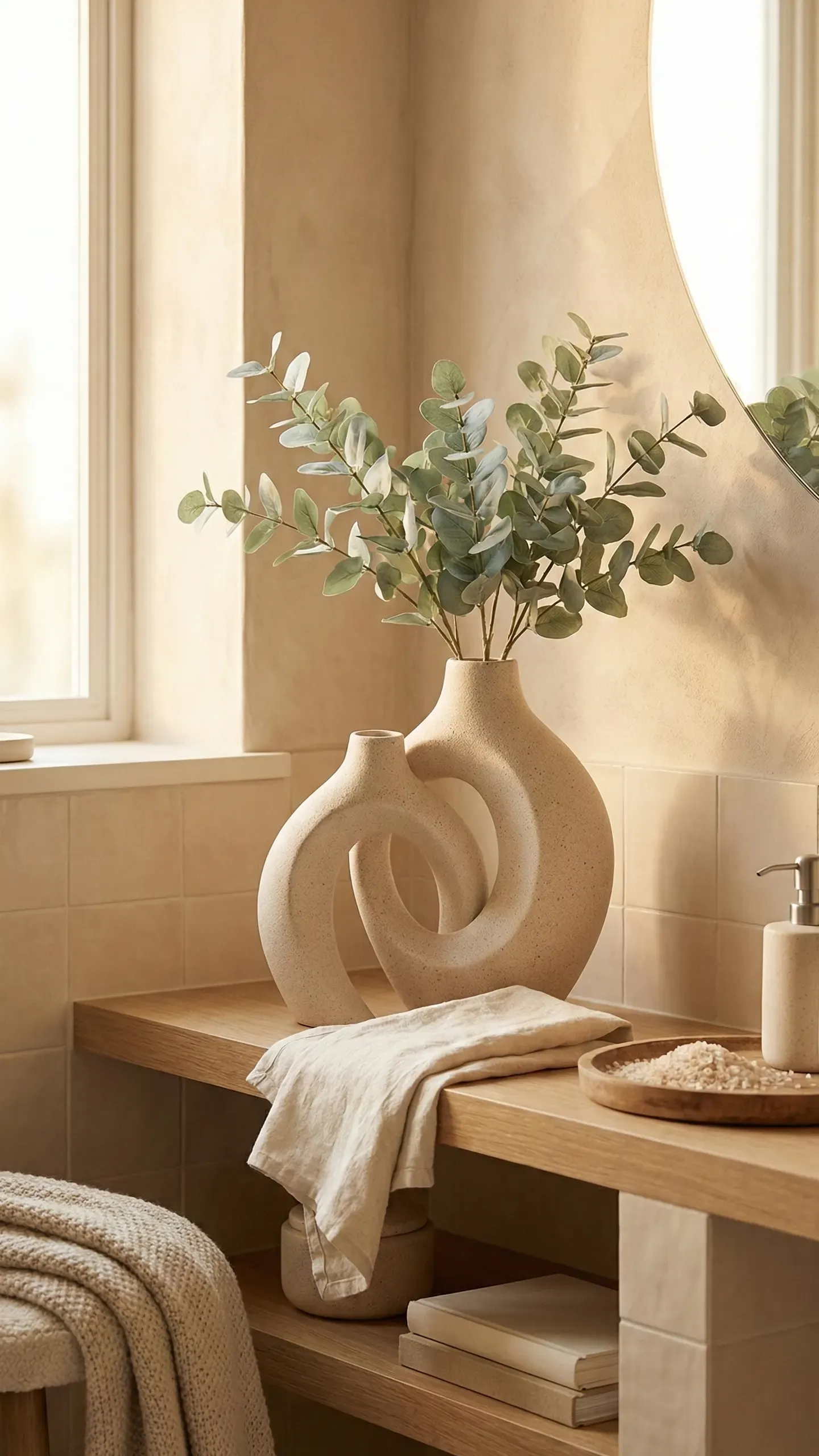 Fresh eucalyptus stems in a sculptural ceramic vase on a wooden bathroom shelf, soft and green against warm tiled walls