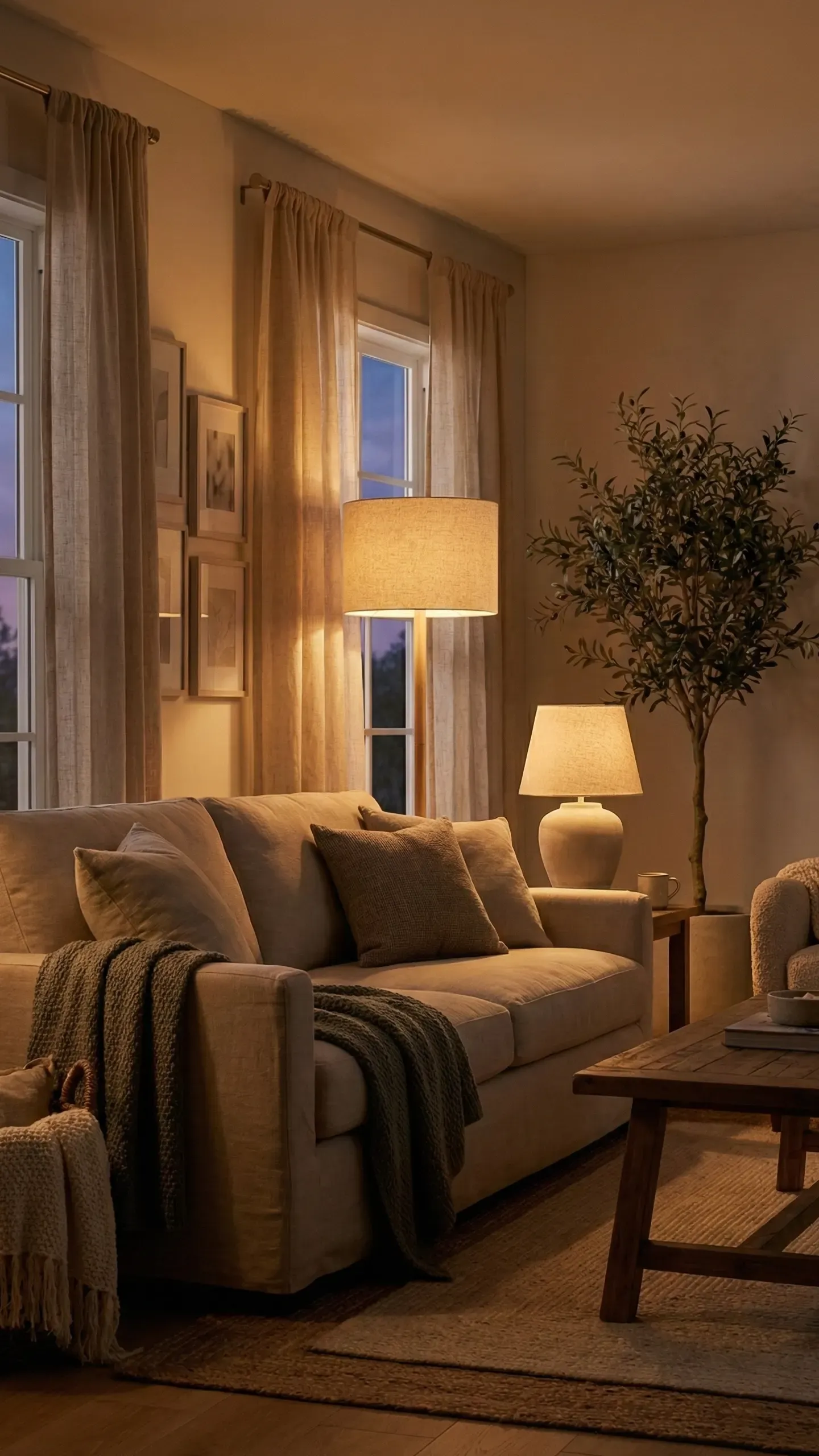 Living room at dusk lit only by two warm lamps, casting soft pools of light over a beige sofa and an olive tree