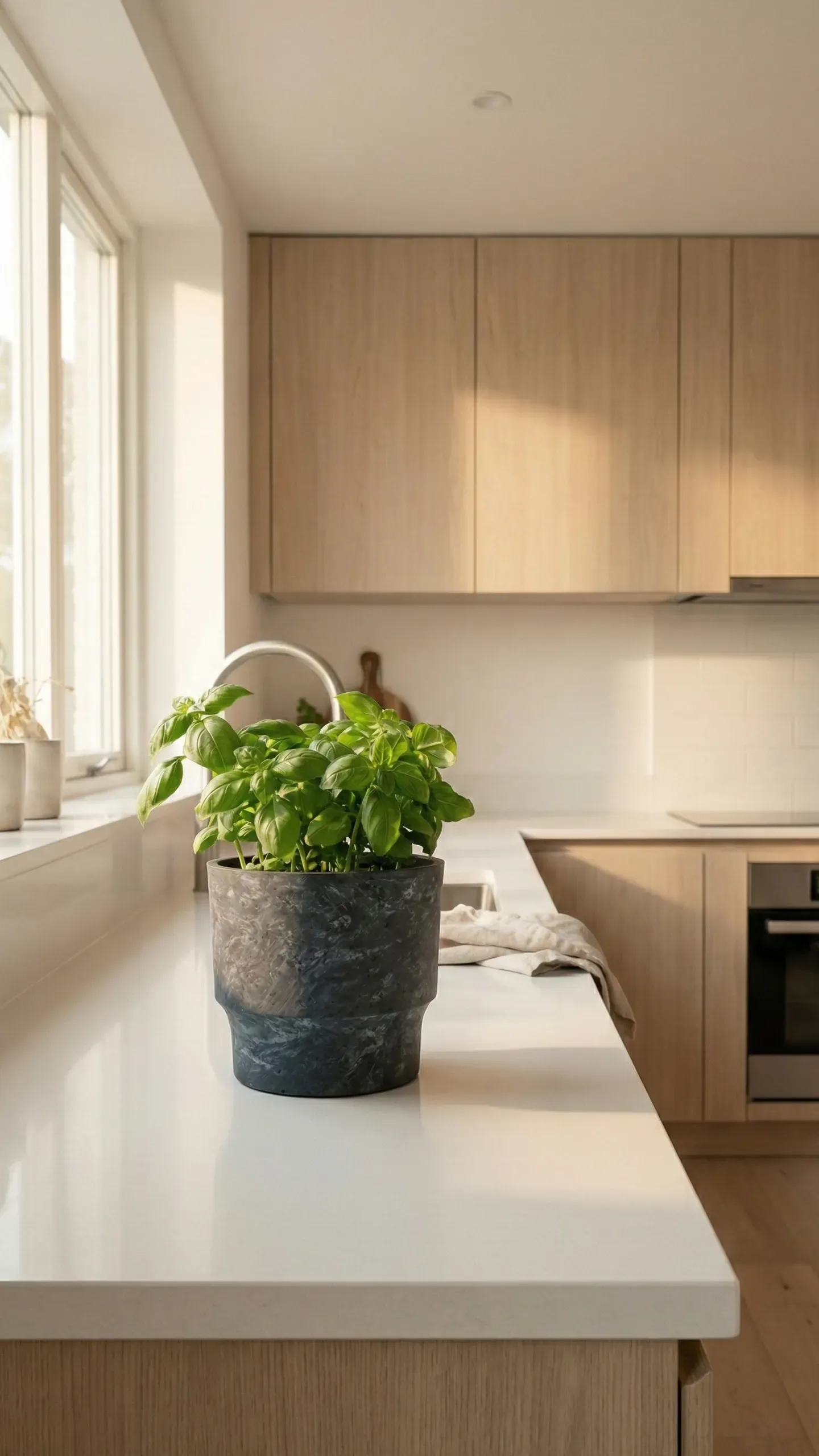 Fresh basil growing in a textured stone pot on a kitchen counter beside a bright window in a light oak kitchen