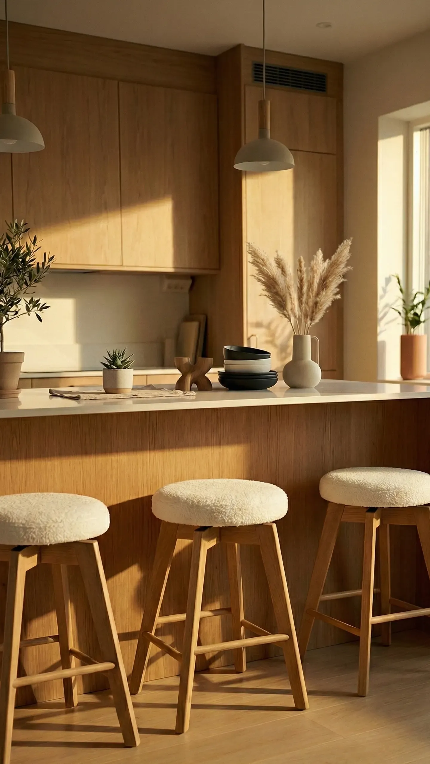 Warm light oak Scandinavian kitchen with pendant lights over an island, bouclé bar stools, ceramics and pampas grass in golden morning light