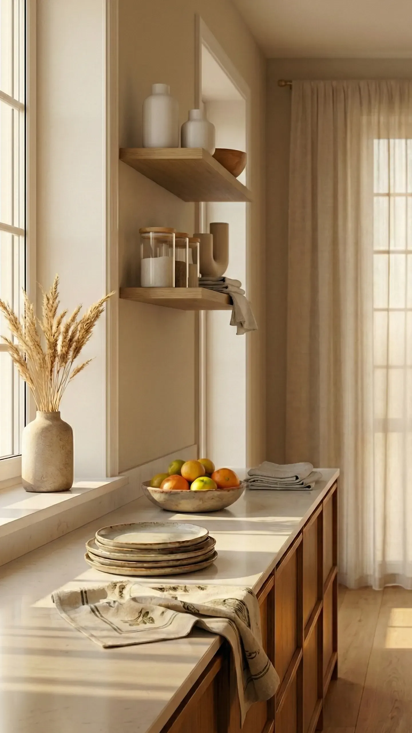 Calm kitchen corner flooded with warm morning light — oak shelves with ceramics, a bowl of fruit and pampas grass in a vase by a sheer-curtained window