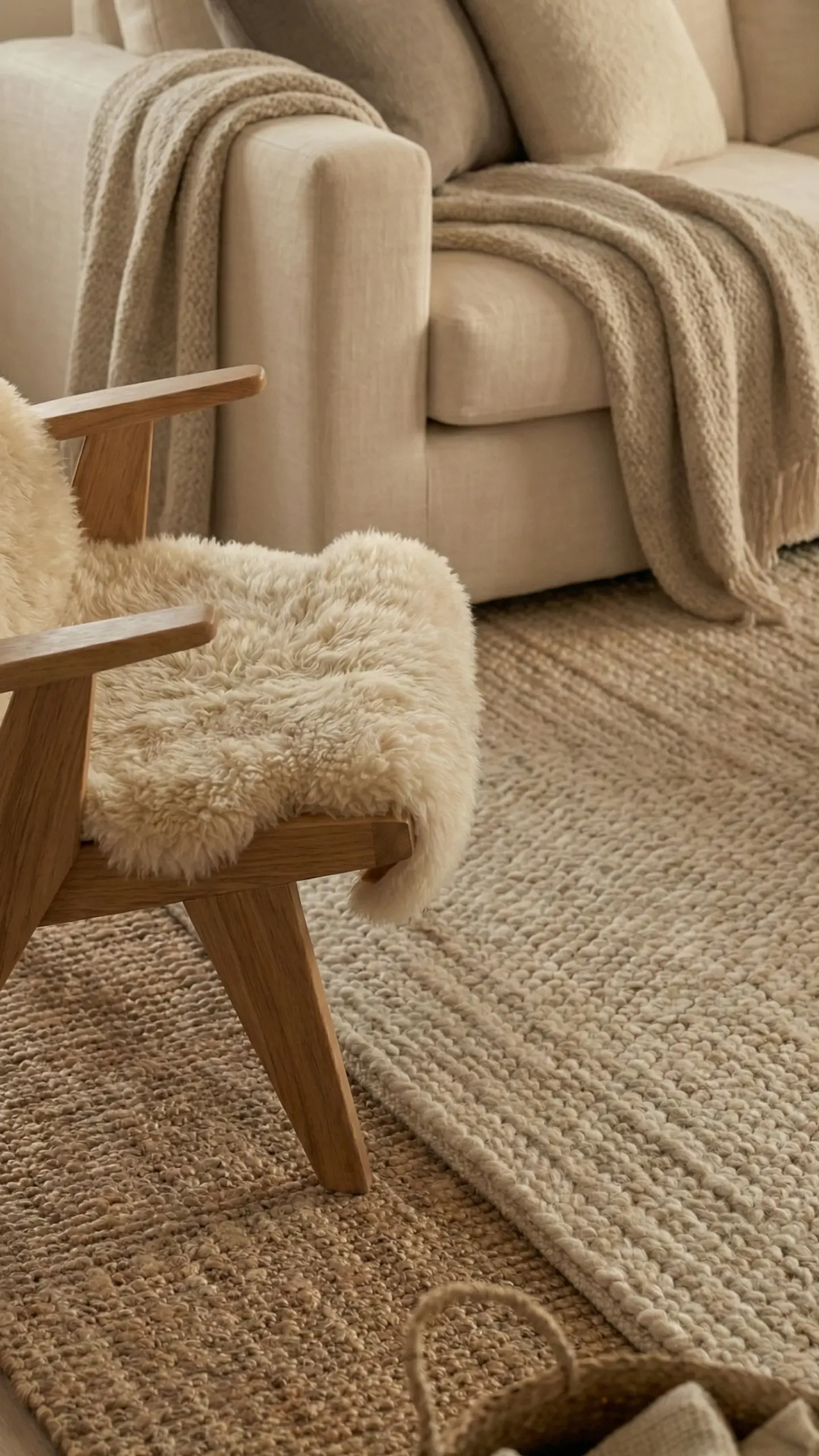 Wool rug layered over a large jute rug beneath a wooden armchair with a sheepskin throw, grounding the seating area