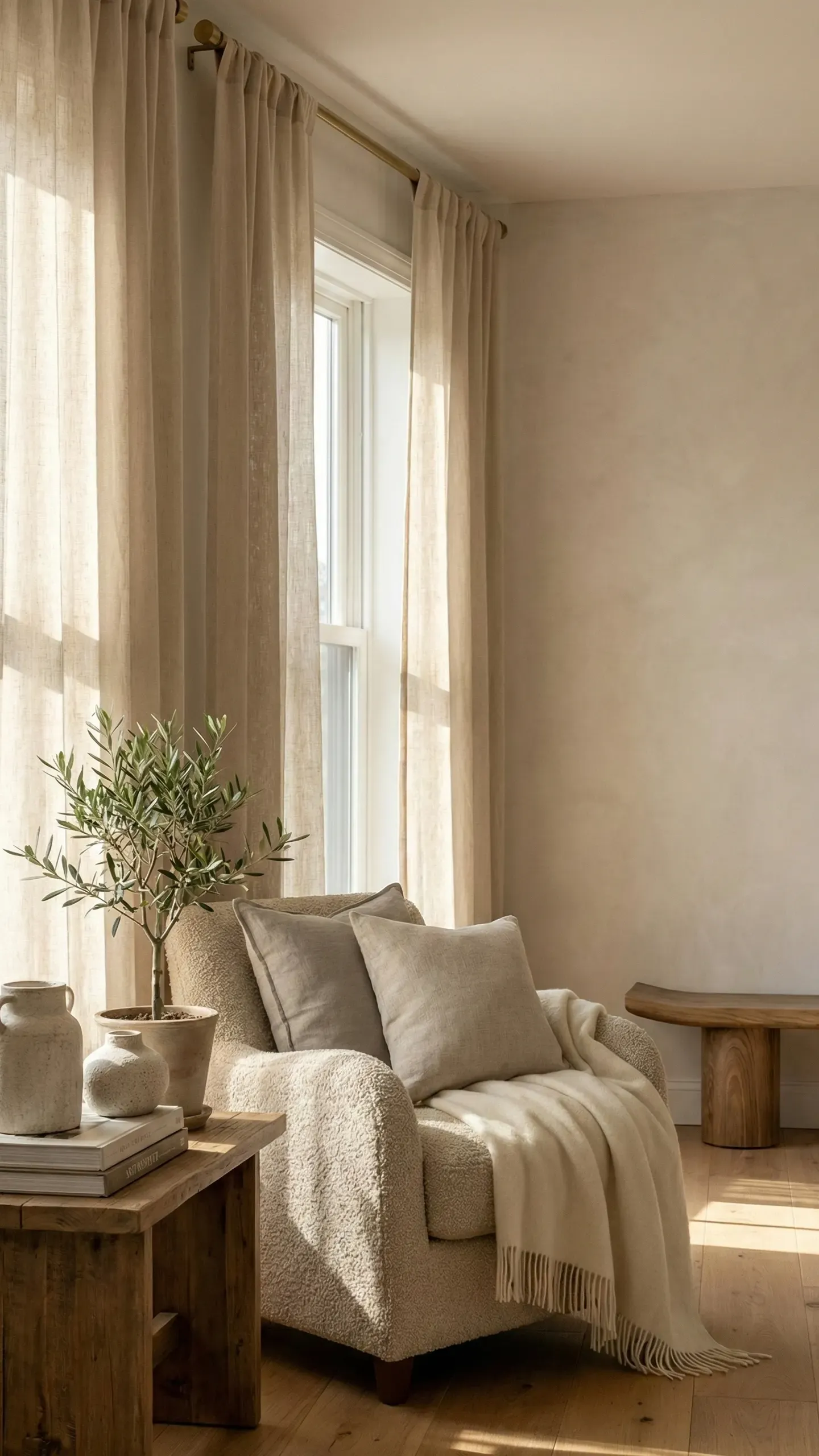 Floor-length oat linen curtains filtering warm sunlight into a calm living room with an armchair and small olive tree