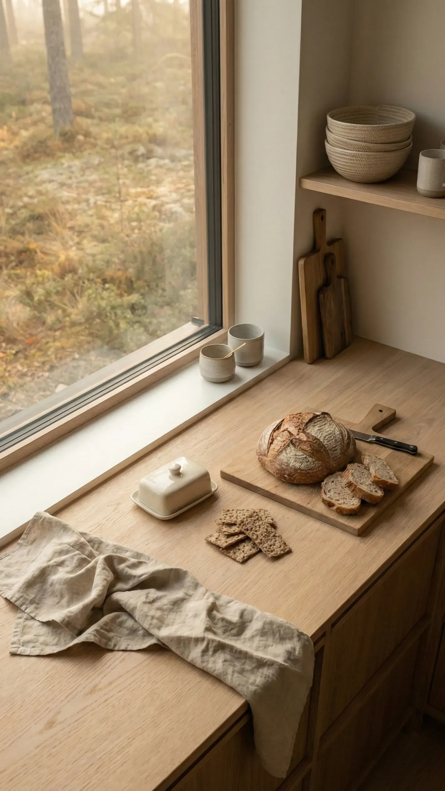 A washed-linen tea towel draped over a warm oak counter beside a board of bread, with a forest view through the window
