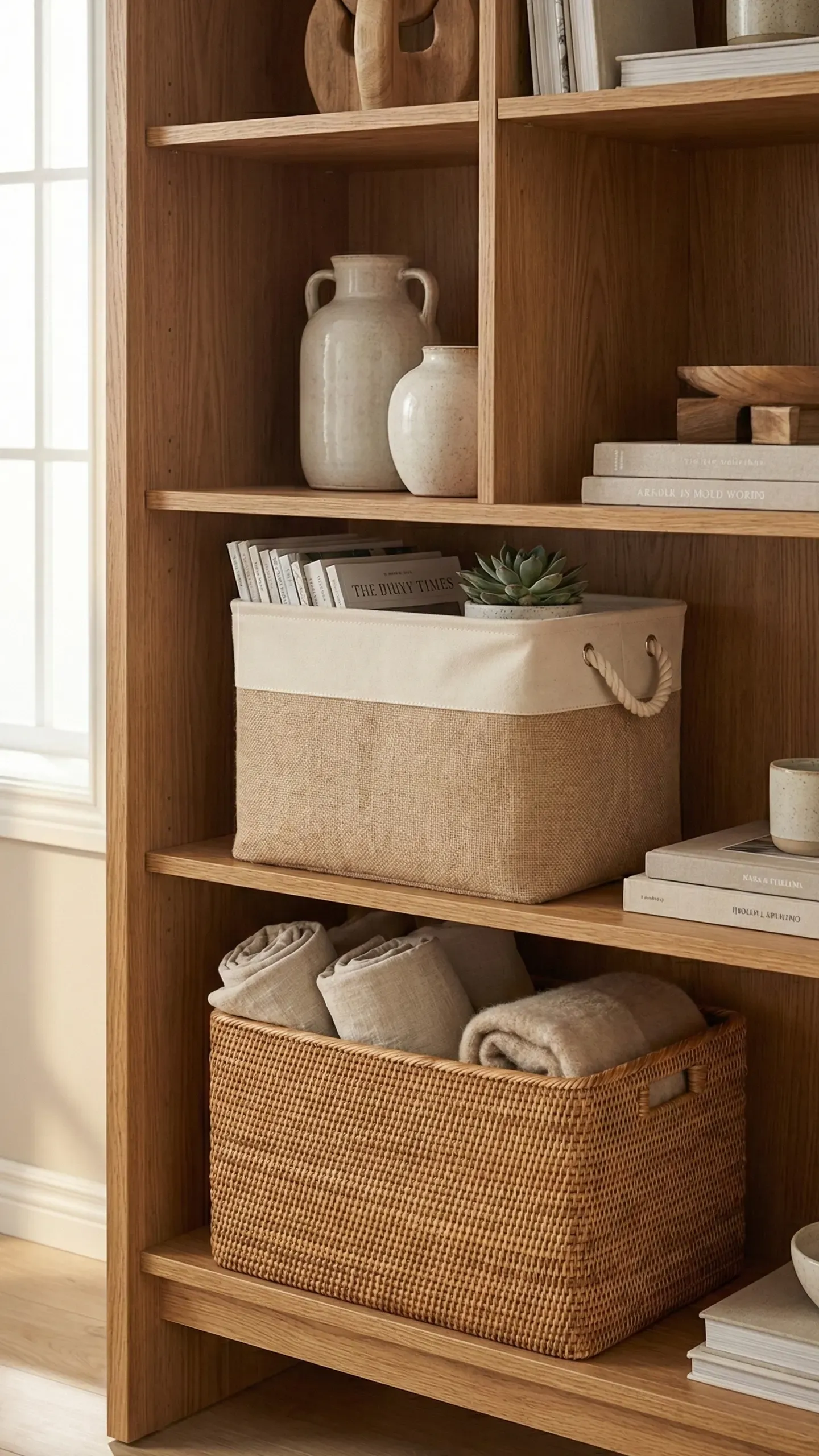 Oak shelving styled with breathing room — ceramic jugs, books, a linen basket and rolled textiles with space between each group