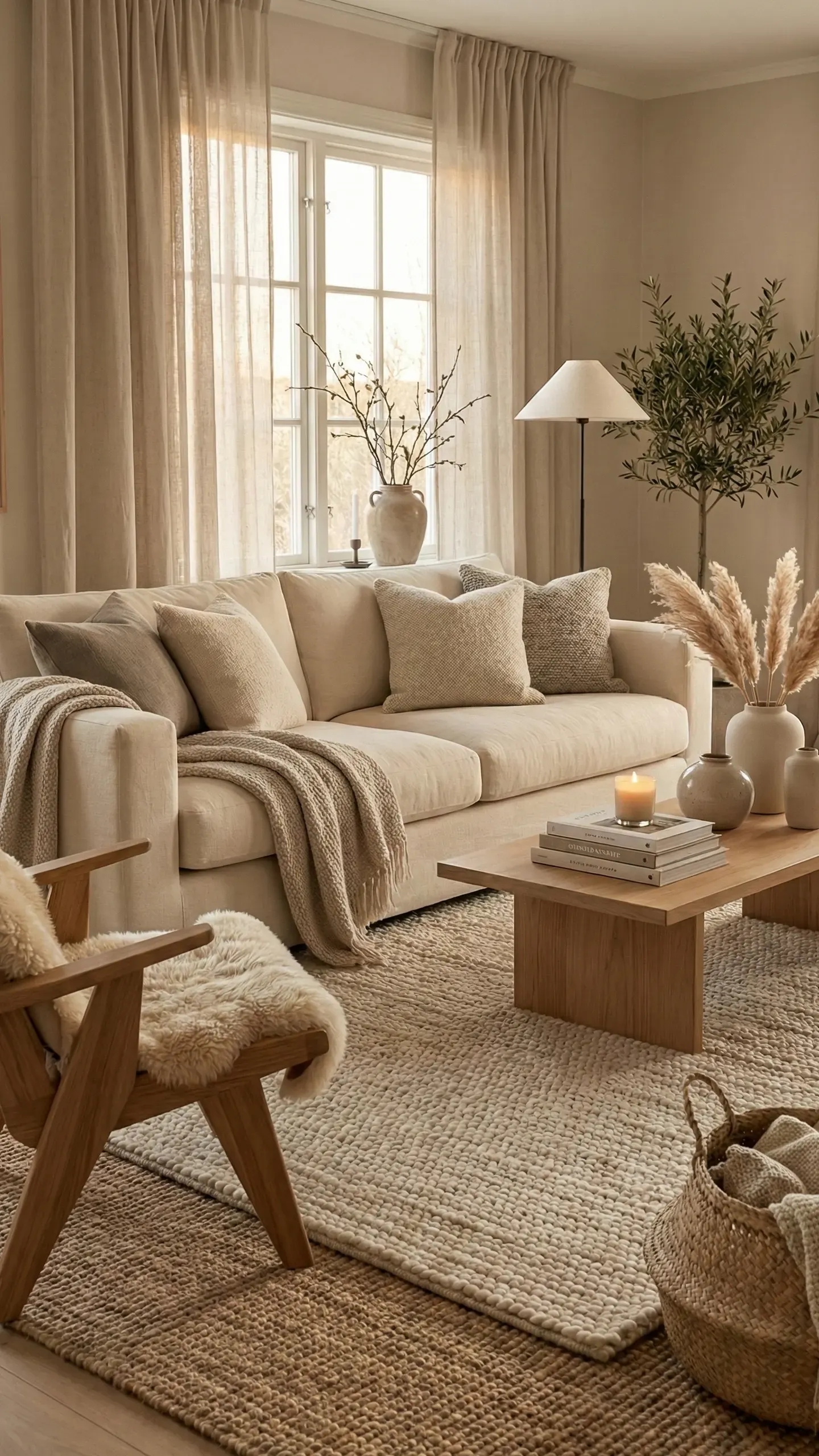 Low off-white sofa anchoring a calm living room with sheer curtains, a floor lamp, olive tree and a natural jute rug