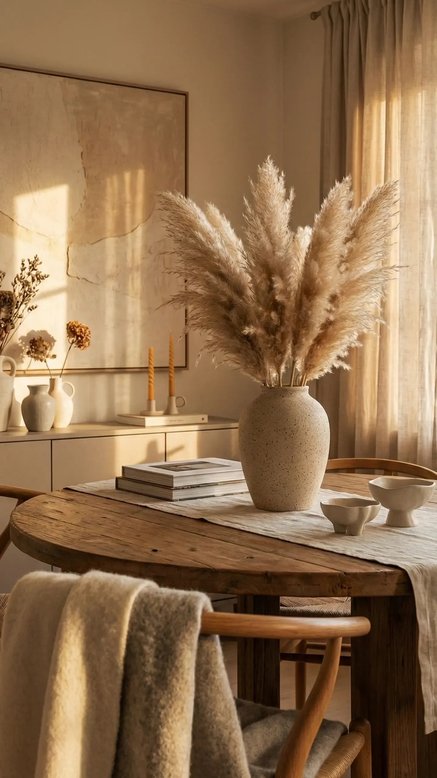 A round rustic oak dining table with a large pampas-grass arrangement in a stone vase, taper candles and abstract art behind, in golden light