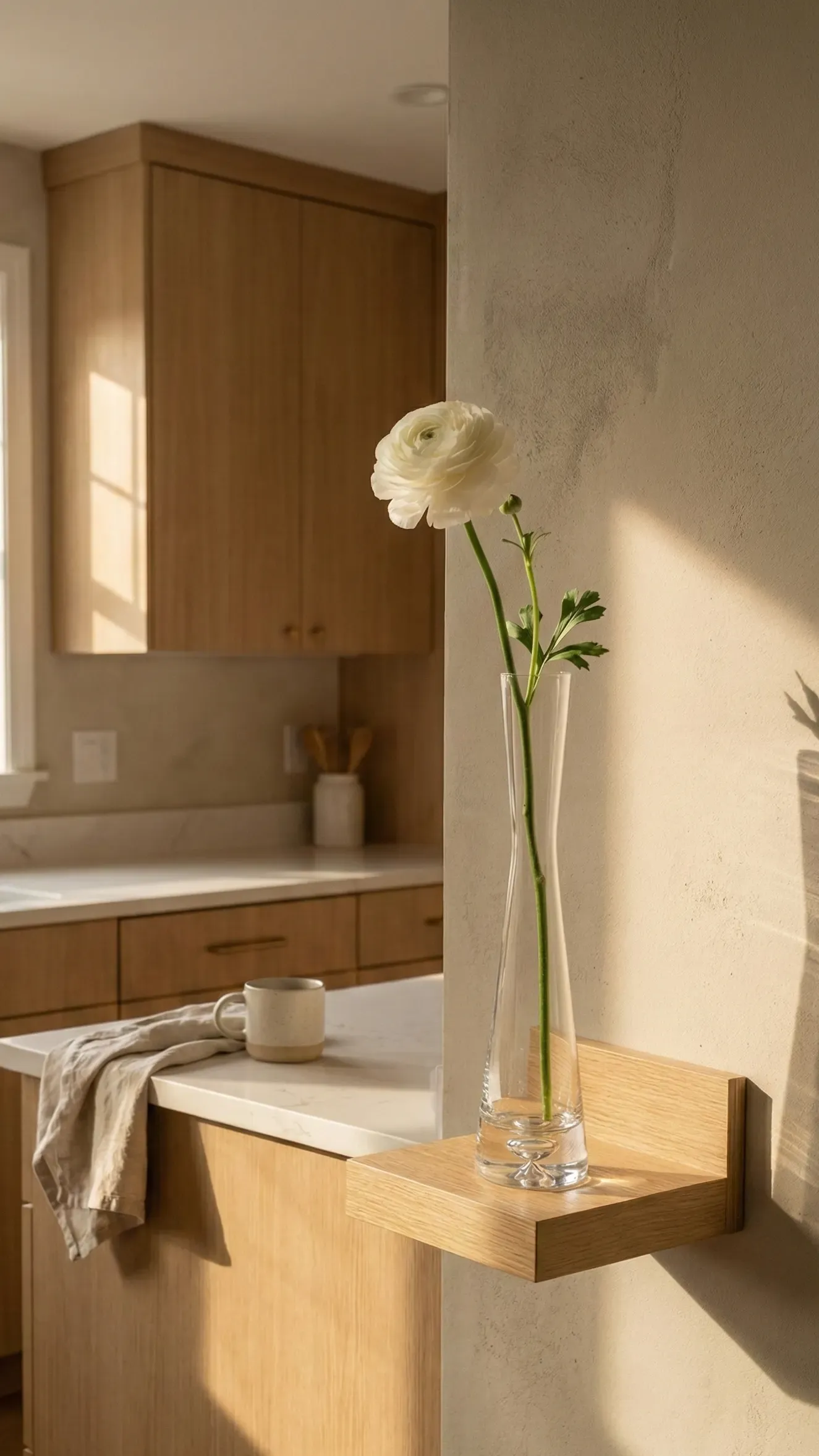 A single white spring flower in a slim glass vase on a small oak shelf, catching soft side light in a calm kitchen
