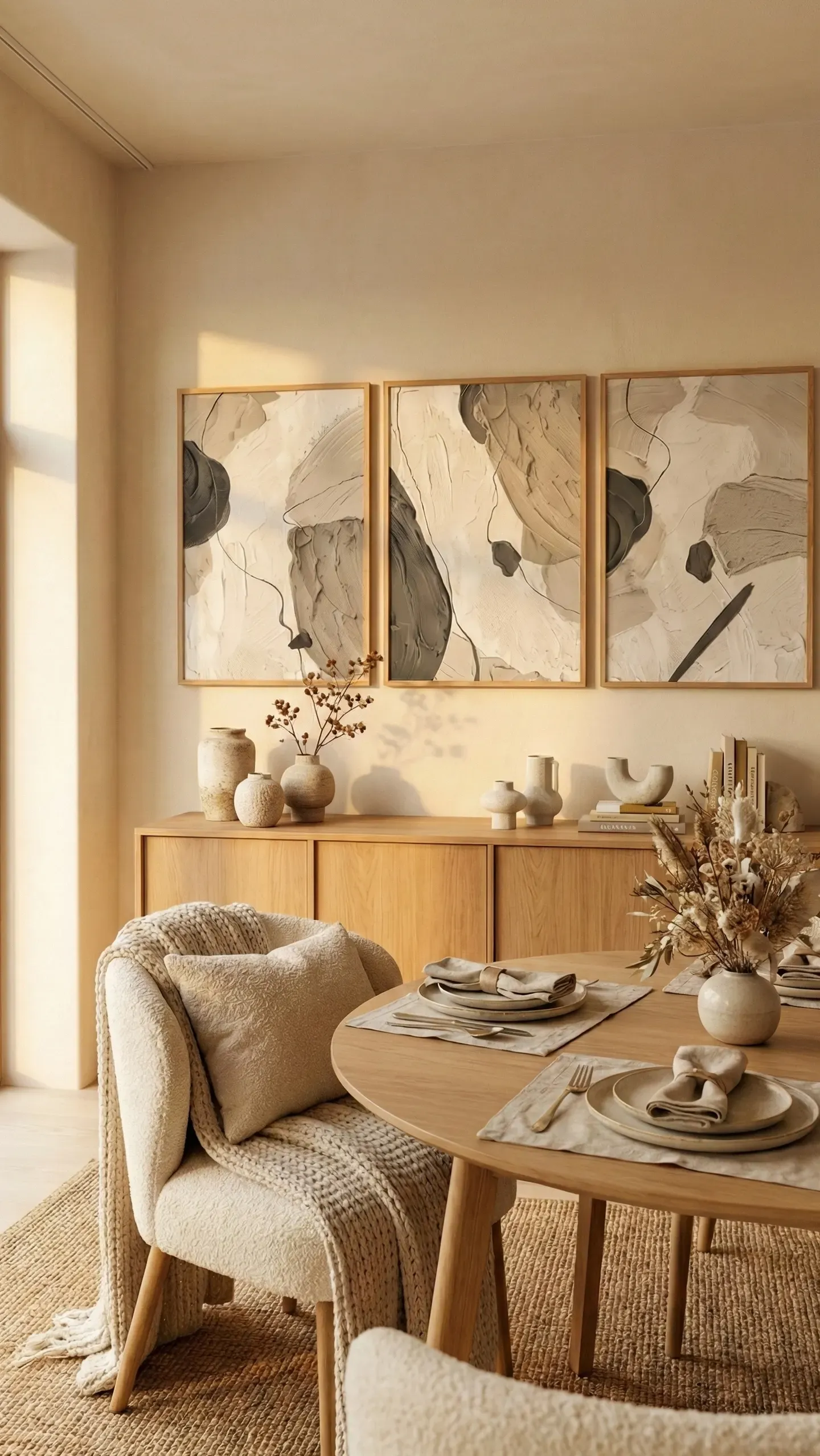 Three calm, tonal abstract prints in oak frames above a wooden sideboard styled with ceramics, beside a round dining table on a jute rug