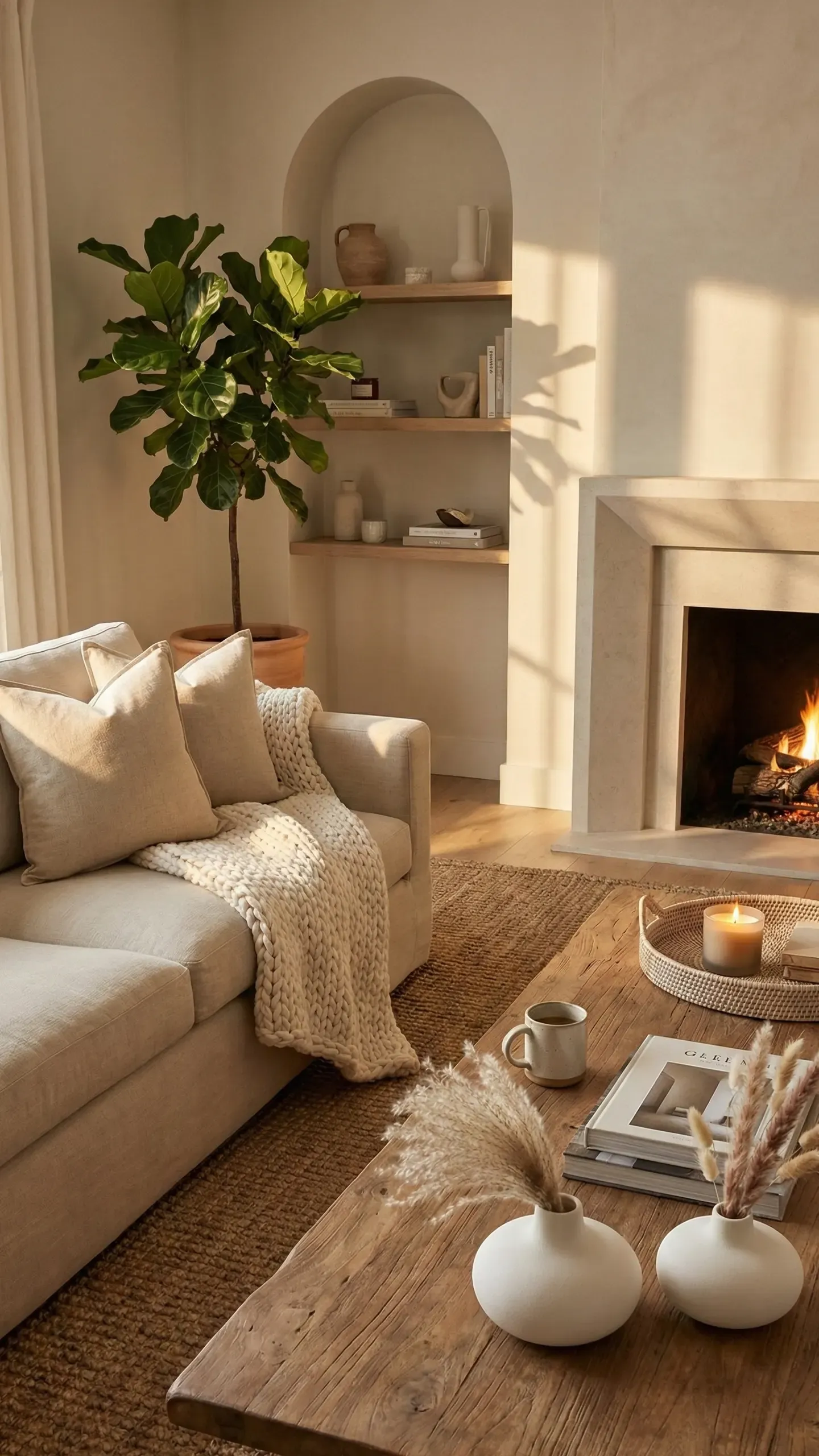 Warm minimal Scandinavian living room with a cream sofa, knit throw, rustic wood coffee table and a lit fireplace glowing in the evening light