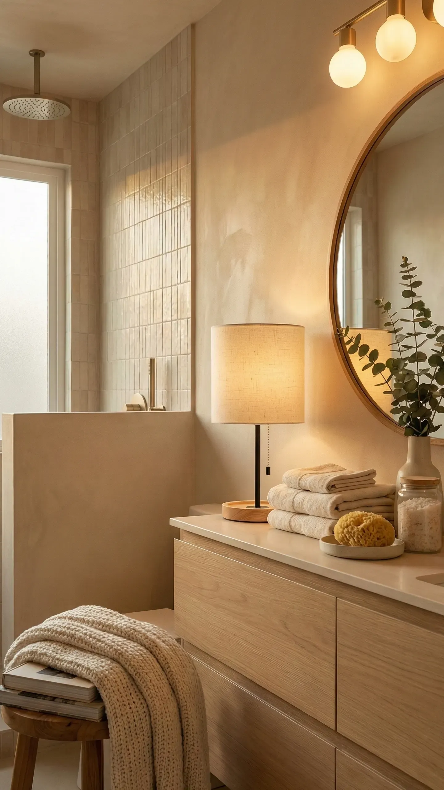 A warm table lamp glowing on a light oak bathroom vanity beside stacked towels, a sea sponge and eucalyptus, with a round mirror above