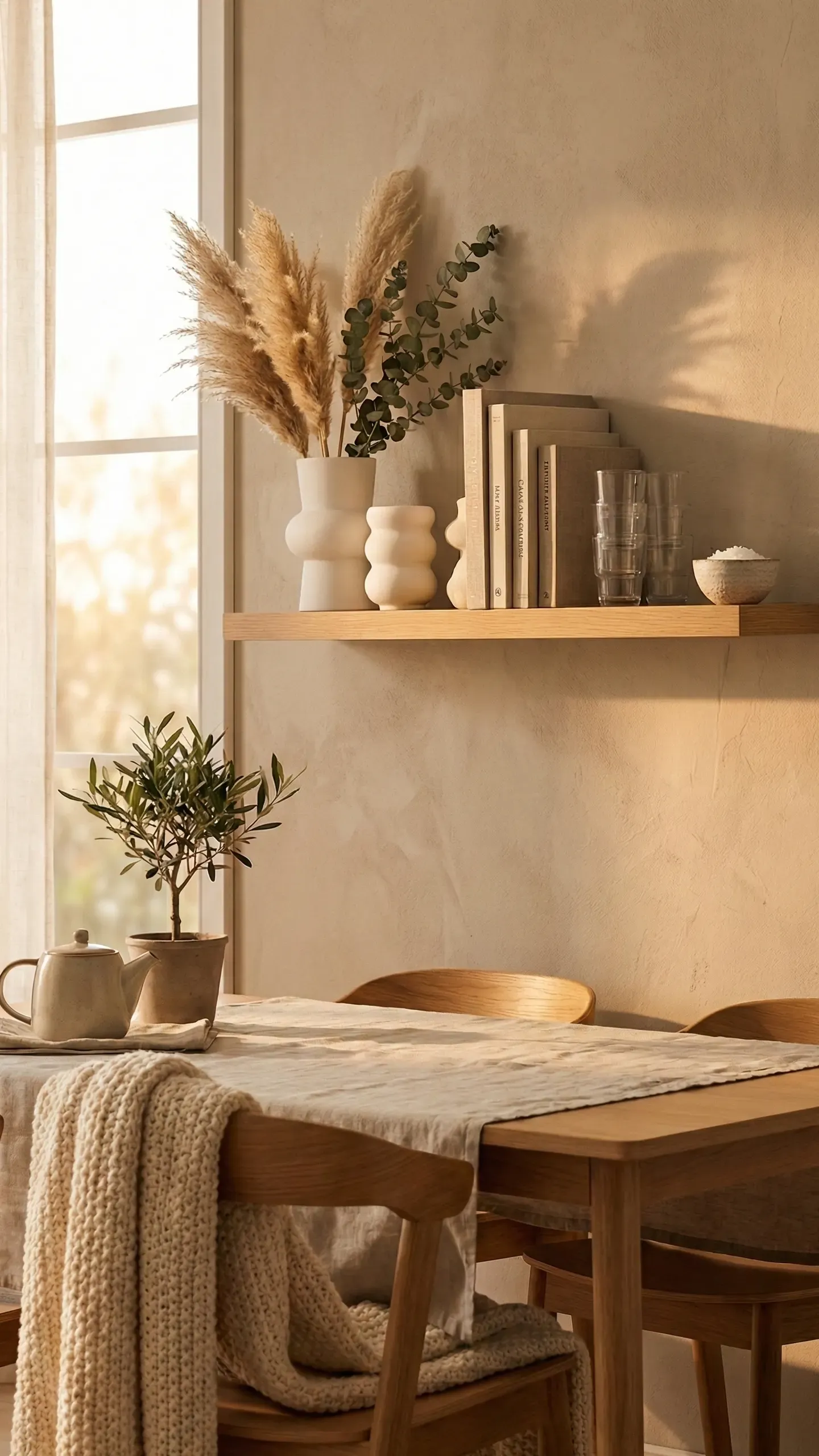 Sculptural wishbone-style wooden chairs around an oak dining table with a floating shelf, sculptural vase and olive tree in warm light